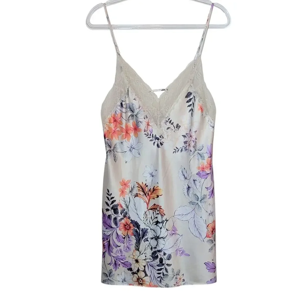 Linea Donatella Lace Floral Charmeuse Slip Nightie Mini Pink Peach M Romantic
